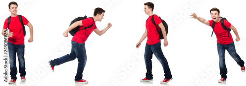 Young student with backpack isolated on white 