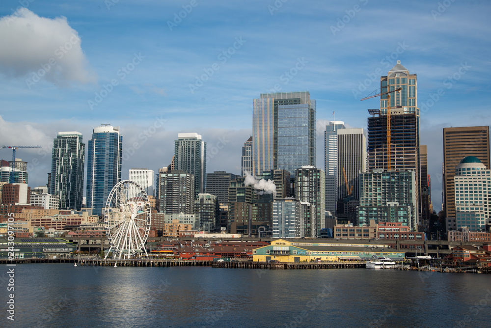Seattle waterfront and skyline, with the Space Needle showing