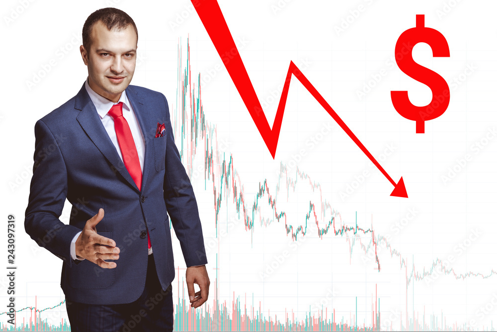 Businessman shows economic graphics. Hands of a manager in 3D projection draw shapes and analytical figures.