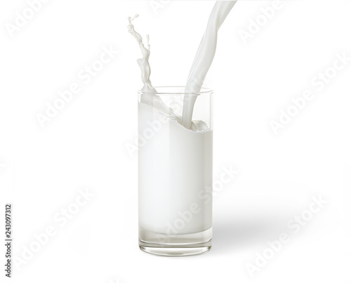 Pouring milk into a glass isolated on white background.