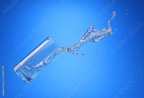 Fényképezés Glass with spilling water splash. Side view. On blue background.