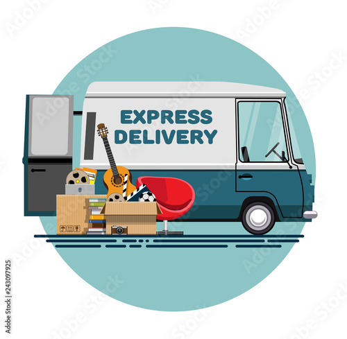 Cargo transportation. Express delivery. Express delivery by car. Trucking by car. Services of delivery by car. Car for delivery. Truck for cargo transportation. Car for moving. Flat style. Flat design
