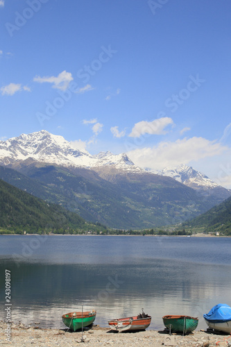 Lago di Poschiavo, a natural lake in the Poschiavo valley in the canton of Grisons, Switzerland