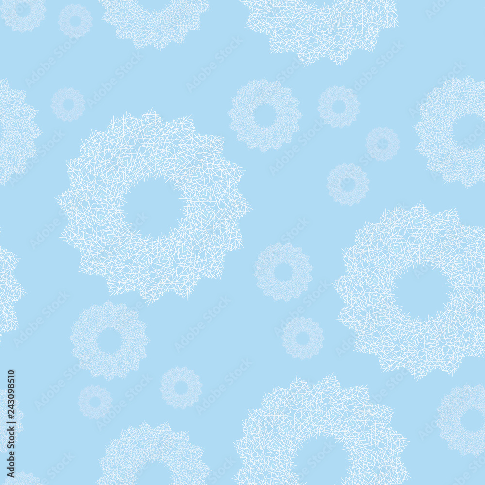 White lace snowflakes on a light blue background. Seamless pattern, winter ornament of openwork round shapes. Elegant, delicate, airy, nice, soft, cute, artistic image White lace snowflakes on a light blue background. Seamless pattern, winter ornament of openwork round shapes. Elegant, delicate, airy, nice, soft, cute, artistic image