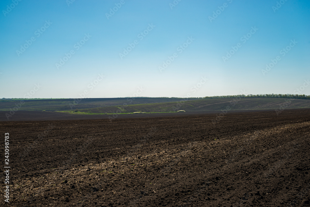 land in a field in spring after plowing under a blue sky land in a field in spring after plowing under a blue sky