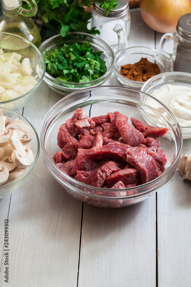 Beef and other ingredients ready to cooking beef Stroganoff