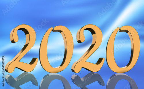 3D Render - The year 2020 mirrored in golden numbers in front of modern abstract blue background