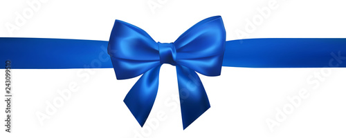 Realistic blue bow with horizontal blue ribbons isolated on white. Element for decoration gifts, greetings, holidays. Vector illustration
