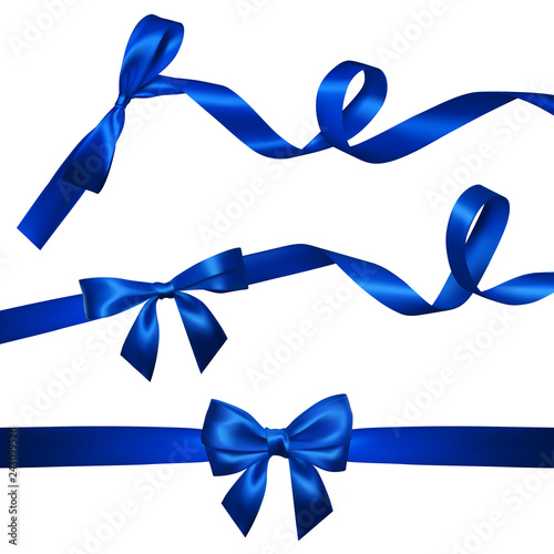 Set of Realistic blue bow with long curled blue ribbon. Element for decoration gifts, greetings, holidays, Valentines Day design. Vector illustration