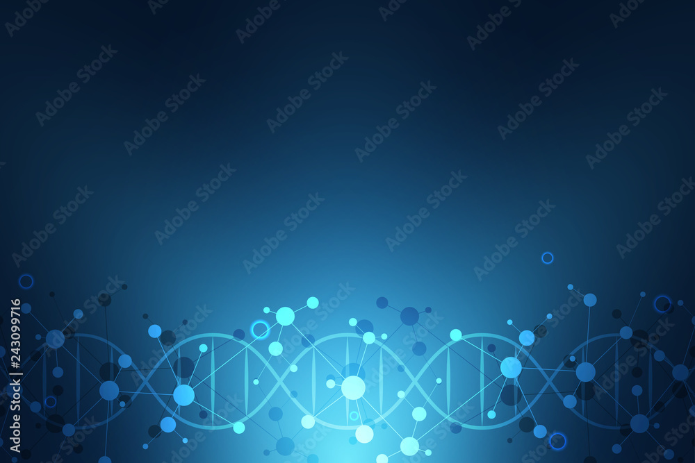 Naklejka Nić DNA i struktura molekularna. Inżynieria genetyczna lub badania laboratoryjne. Tekstura tło dla projektu medycznego lub naukowego i technologicznego. Ilustracja wektorowa.