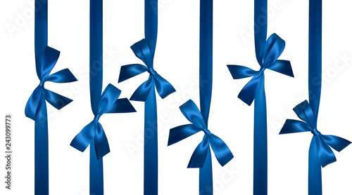 Realistic blue bow with vertical blue ribbons isolated on white. Element for decoration gifts, greetings, holidays. Vector illustration