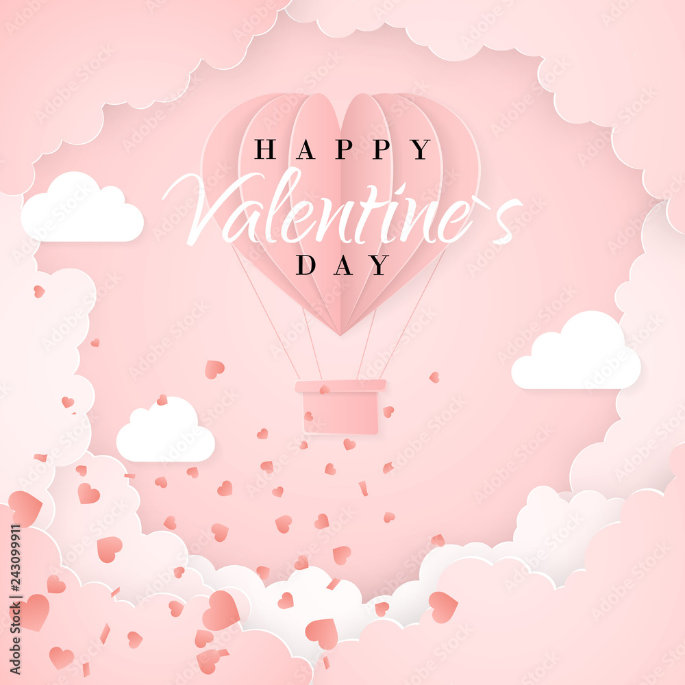 Happy valentines day invitation card template with origami paper hot air balloon in heart shape, white clouds and confetti. Pink background. Vector illustration