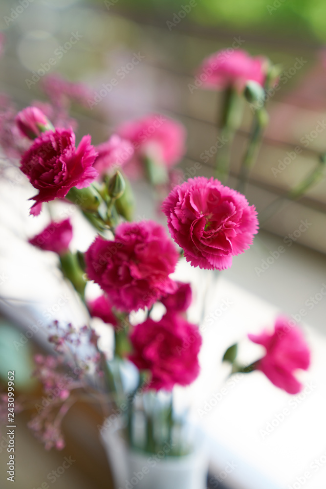 Pink carnation bouquet stands on windowsill in white vase, natural light