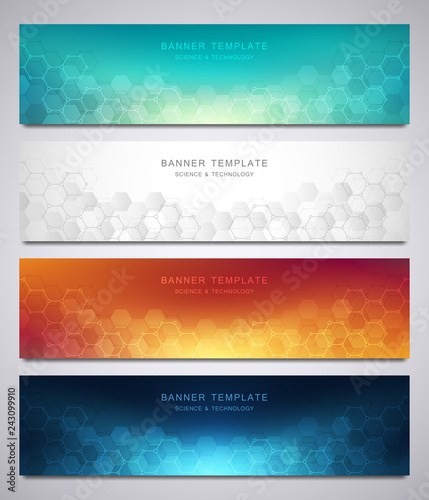 Set of vector banners and headers for site with medical background and hexagons pattern. Abstract geometric texture. Modern design for decoration website and other ideas.