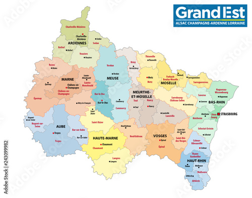 administrative map of the new french region grand est with logo