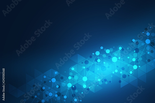 Abstract geometric texture with molecular structures and neural network. Molecules DNA and genetic research. Plexus background. Vector illustration for medical, scientific and technological design.