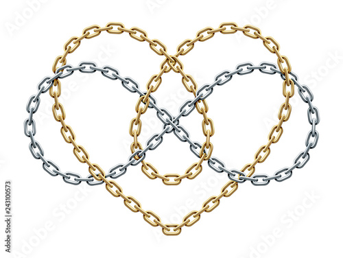 Heart with infinity symbol of gold and silver chains. Forever love sign. Vector illustration.