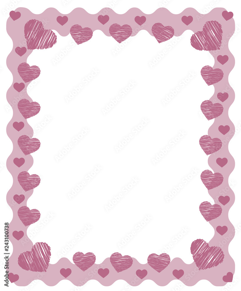 pink zig zag frame border with red pink hearts and place for greeting card text for valentines day, wedding, brithday or romance. Vintage retro style vectoreps 10 illustration
