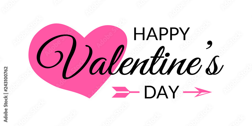 Happy Valentines Day Calligraphy Typographic Lettering with Pink Heart, Arrow and black text isolated on white background. Vector Illustration design of a Valentine Day Greeting Card