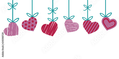 valentine border for greeting card with red and pink heart with stripes and dots hanging from green ribbon isolated on white background, happy valentines day cute vintage vector illustration.