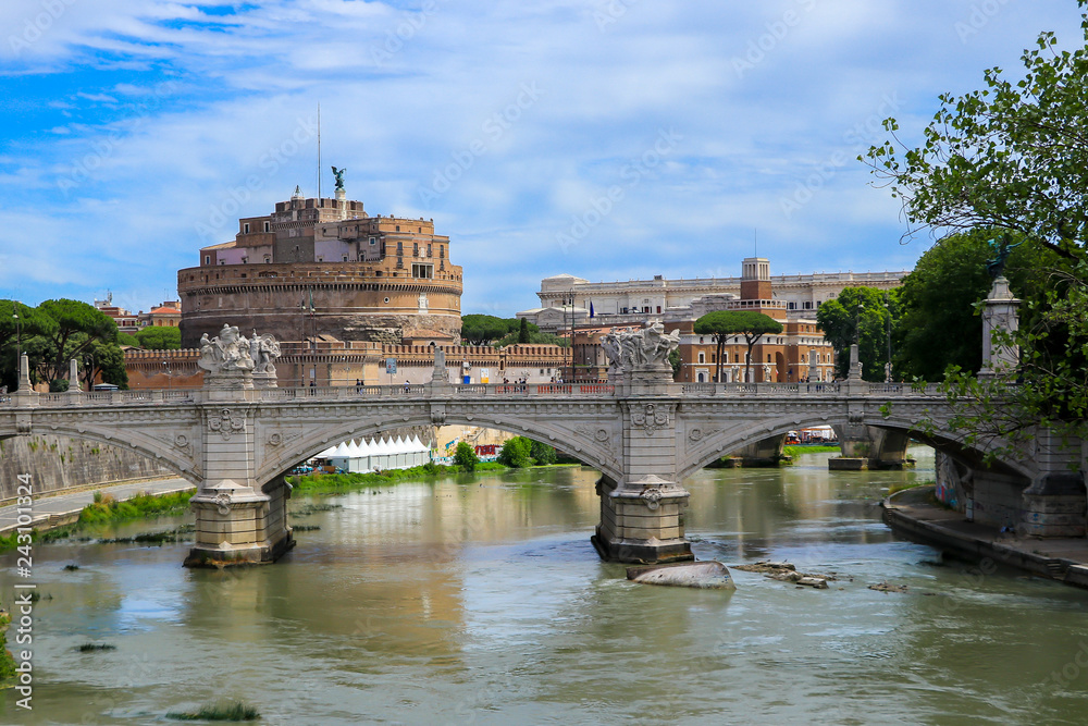 Castel Sant'Angelo and bridge Ponte Sant'Angelo over the Tiber river in Rome, Italy