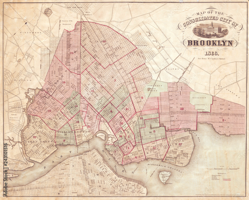 Naklejka premium Mapa Brooklynu, Nowy Jork, 1866 McCloskey's