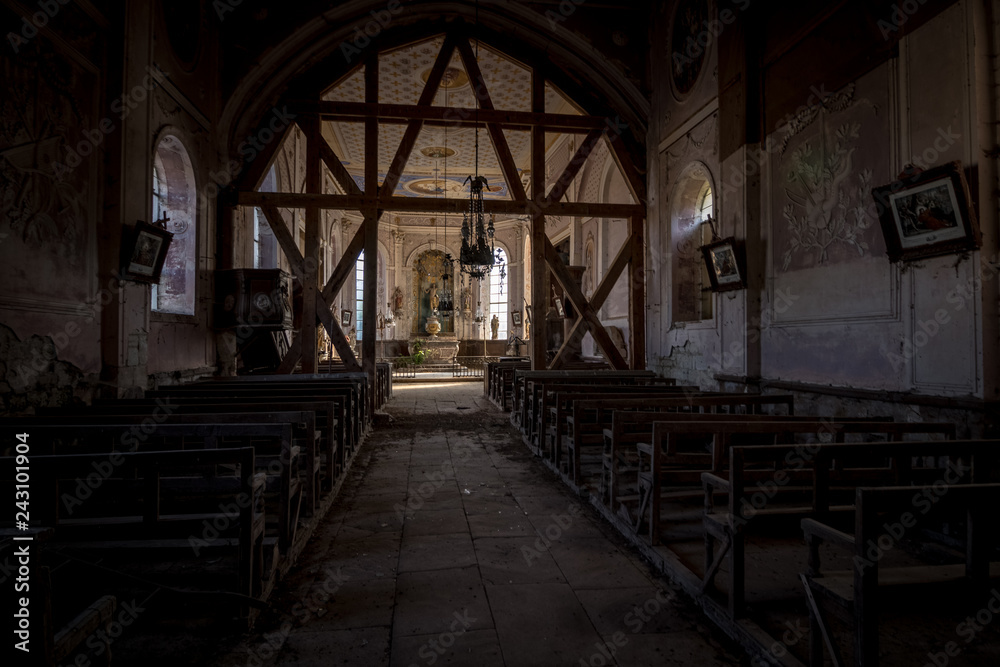abandoned church in France with equipment