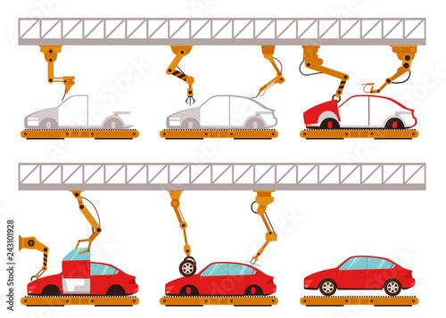 Vector automatic car assembly line with robotic arms concept. Industrial machinery factory producing vehicles with manipulators, welding robots. Isolated illustration