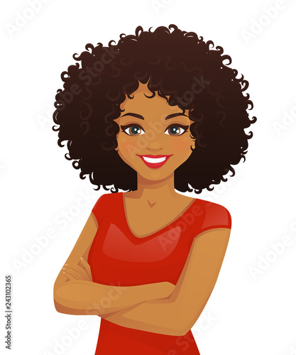 Portrait of smiling woman with arms crossed and afro hairstyle isolated vector illustration