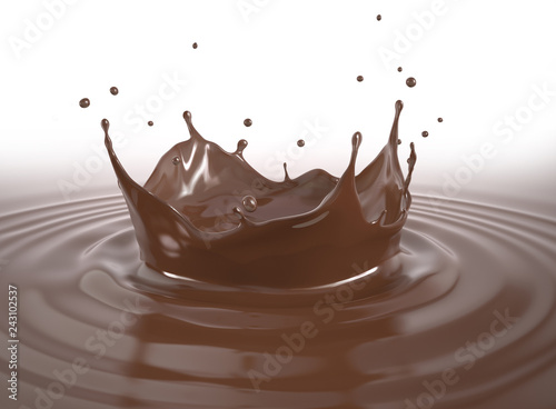 Liquid chocolate crown splash with ripples. On white.