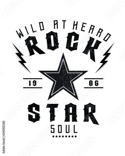 Rock and Roll text with star, fashion print for t shirt and other uses.