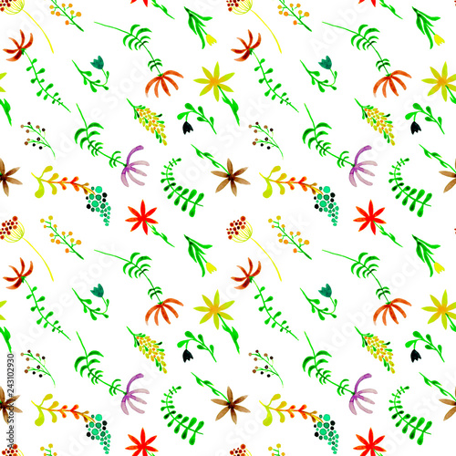 Cute watercolor floral seamless pattern. Green boh