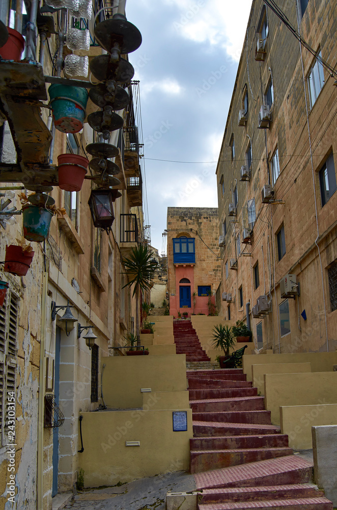 Malta city Skyline, colorful house balcony Malta Valletta