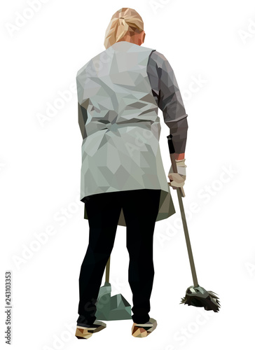 The cleaning lady in uniform becomes inventory, portrait of an isolated and a white background. Vector illustration in low-poly