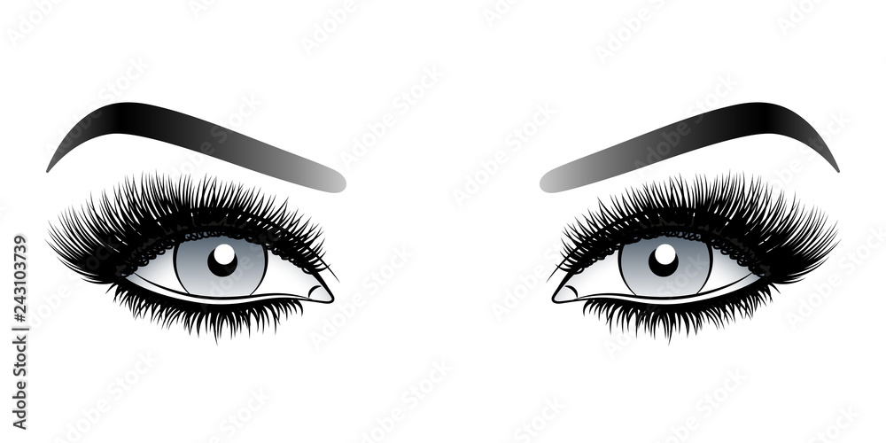 Gray woman eyes with long false lashes with eyebrows.