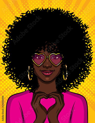 Color vector pop art style illustration of a beautiful african american girl showing with her hands a heart shape. A young woman with pink glasses. Character design for Saint Valentine's day card