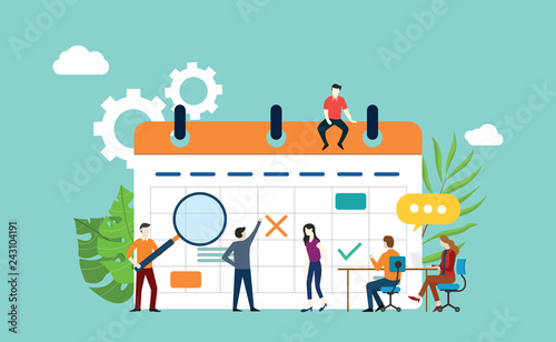 project calendar schedule with office team working together and discuss - vector
