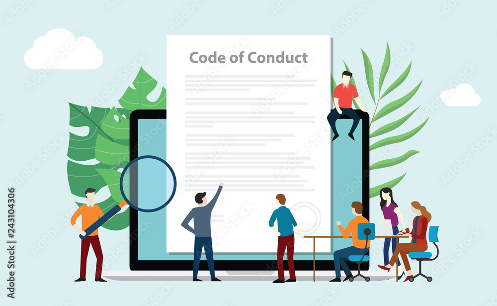 Φωτογραφία code of conduct team people work together on paper document on laptop screen - v