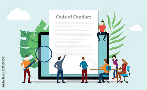 code of conduct team people work together on paper document on laptop screen - vector