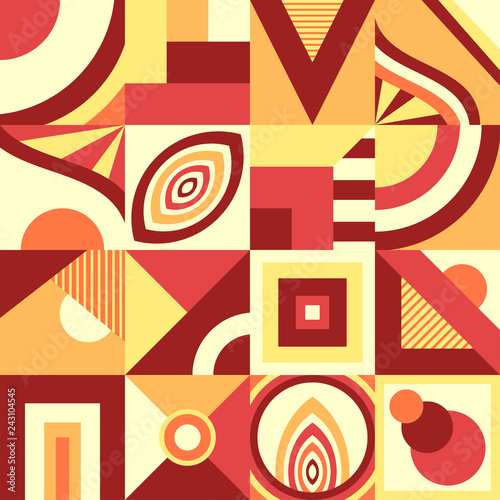 Abstract seamless pattern in Memphis or  mosaic or  in primitive geometric shape or in stained glass windows  style in beige brow orange coral for decoration trend modern things