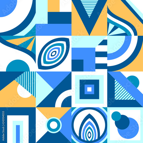 Abstract seamless pattern in primitive geometric shape or  mosaic style in blue orange