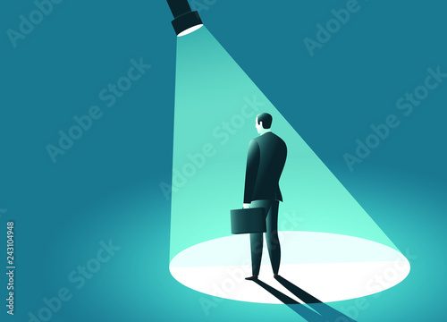 Businessman In the spotlight. Lantern directed at standing manager. Business concept. Vector illustration