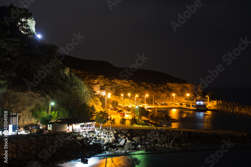 Ferry harbor of Chora Sfakion at night, south-west coast of Crete island, Greece