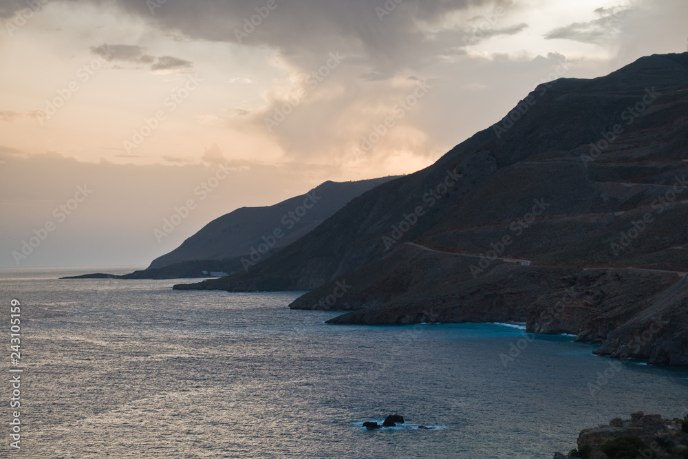 Rocky coast around village of Chora Sfakion, south-west coast of Crete island, Greece