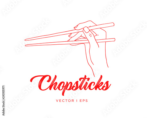 Hand drawn simple illustration, woman hand holding chopsticks. Eating with food sticks concept, Asian cutlery, doodling sketch.