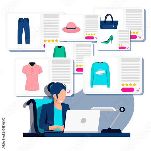 vector image of a girl sitting at a laptop, makes online purchases of women's clothing