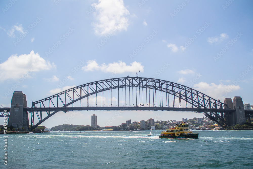 Travel/visit Australia. Iconic Sydney skyline/landscape view of worldwide famous Opera house and Harbour Bridge. Most popular tourist attractions. Travel background concept. Bright summer colours.