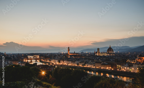 View of Florence City Skyline after sunset at night from Piazzale Michelangelo, Florence, Italy