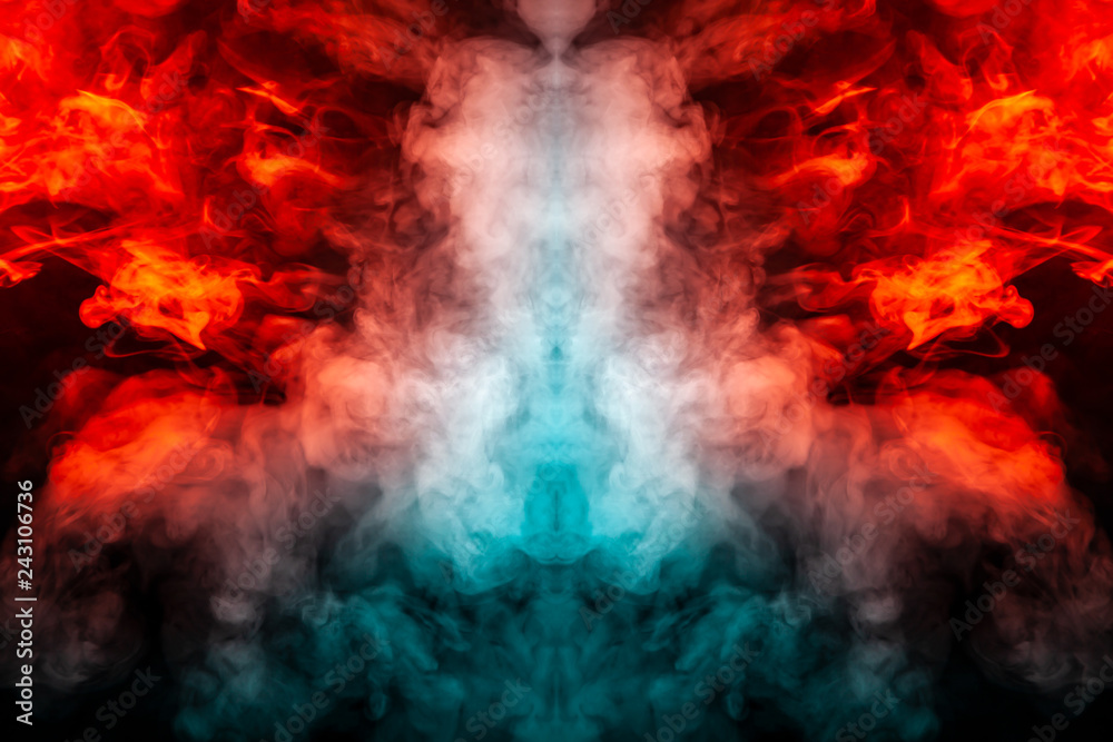 Fototapeta premium Curling smoke evaporating curls in the form of a spectacular, mystical head, highlighted with blue, red, purple on an isolated black background pattern.