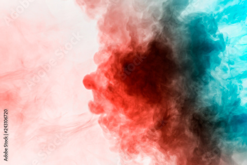 Background of blue and red wavy smoke on a white isolated ground. Abstract pattern of steam from vape.